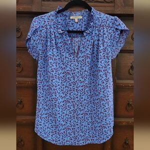 41 Hawthorn Blue and Purple Tulip Sleeve Blouse with Peter Pan Collar